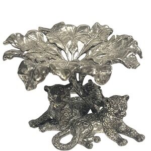 Vintage Pewter Leopard & Cubs Candle holder Trinket dish Arthur Court Signed